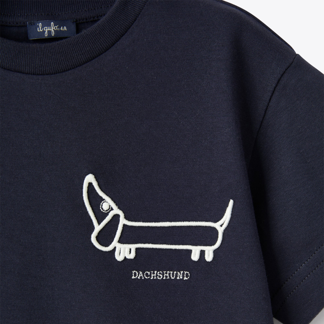 T-shirt blu con ricamo bassotto bianco latte