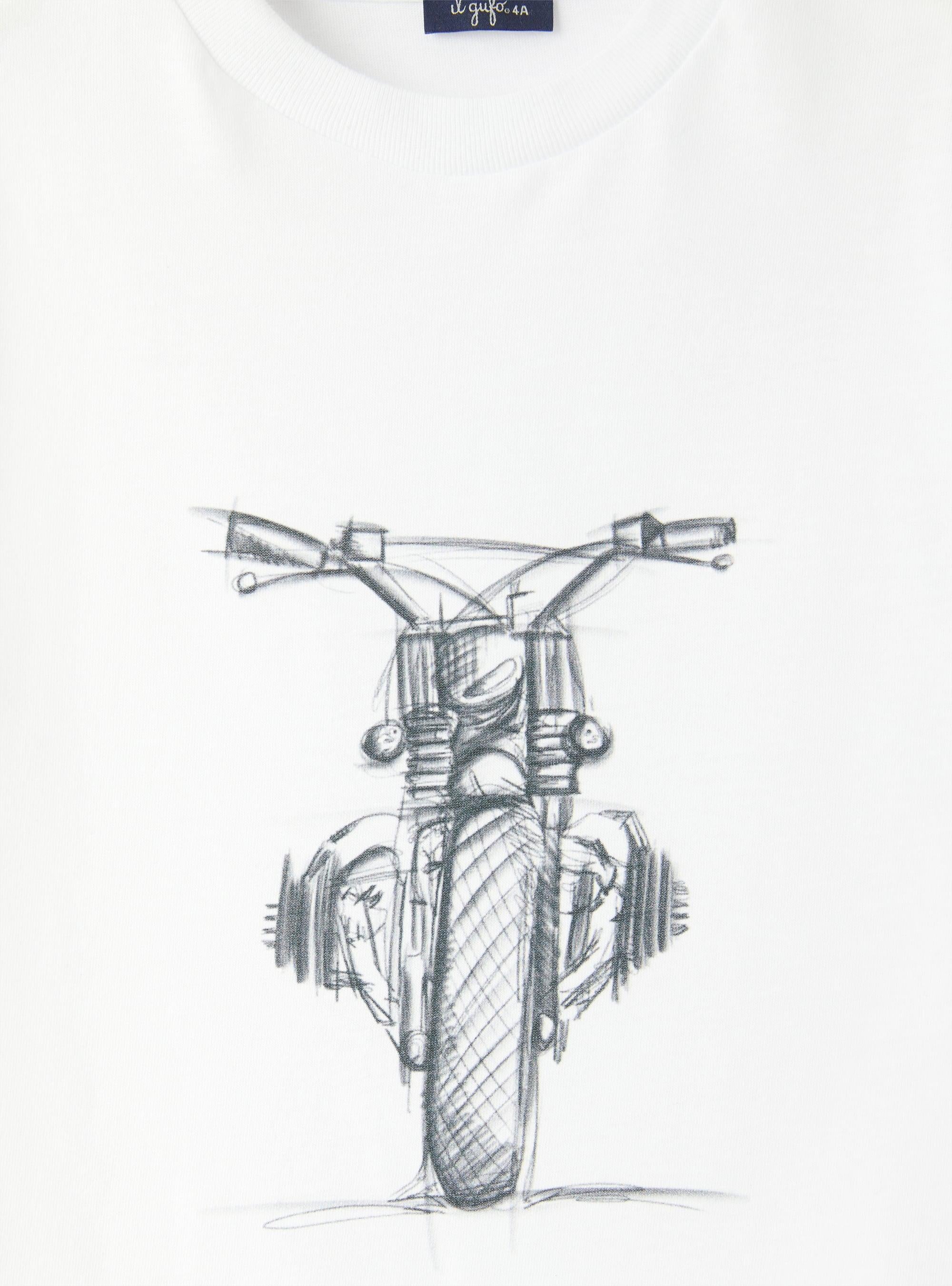T-shirt bianca con stampa moto grigio scuro
