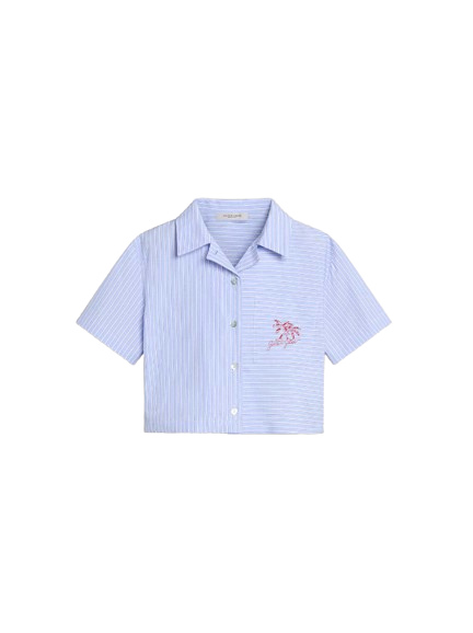 Camicia cropped da bambina in cotone di colore azzurro a righe