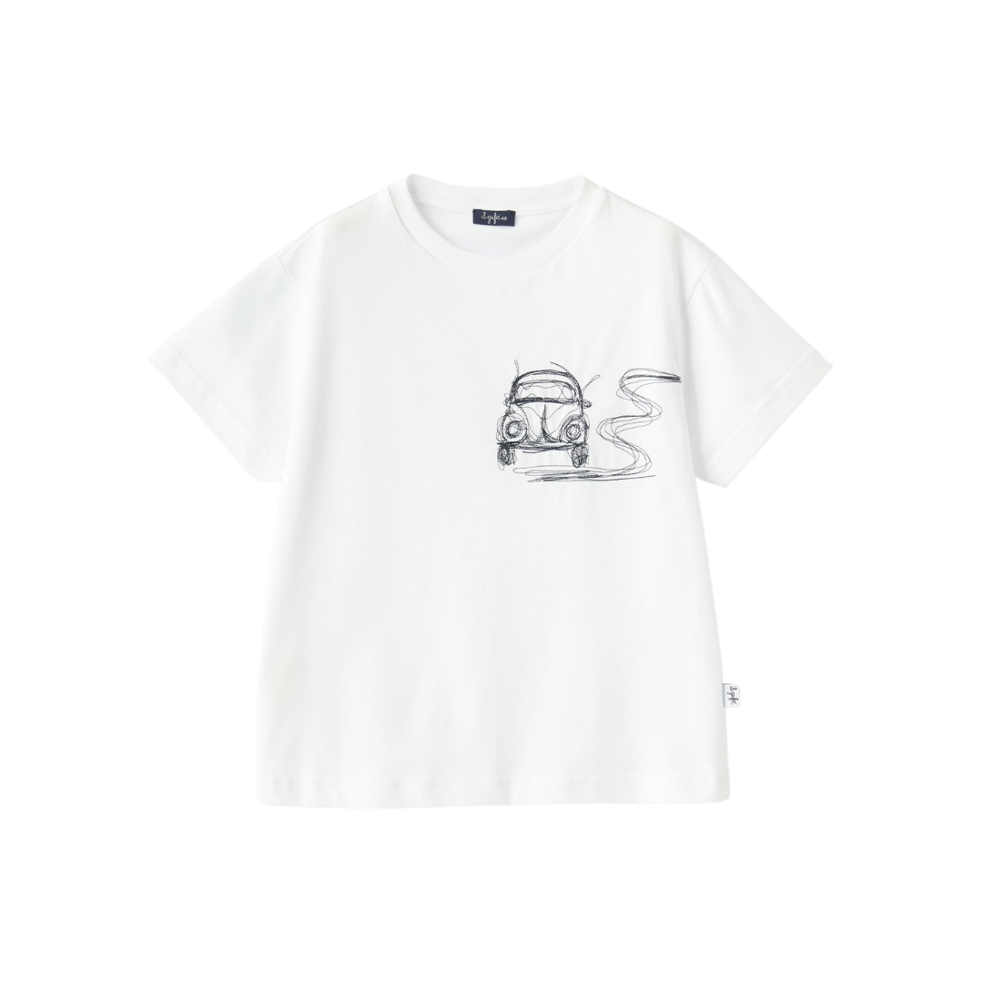 T-shirt bianca con ricamo auto blu