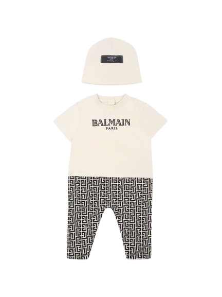 Set pagliaccetto beige per neonati con iconico labirinto e logo