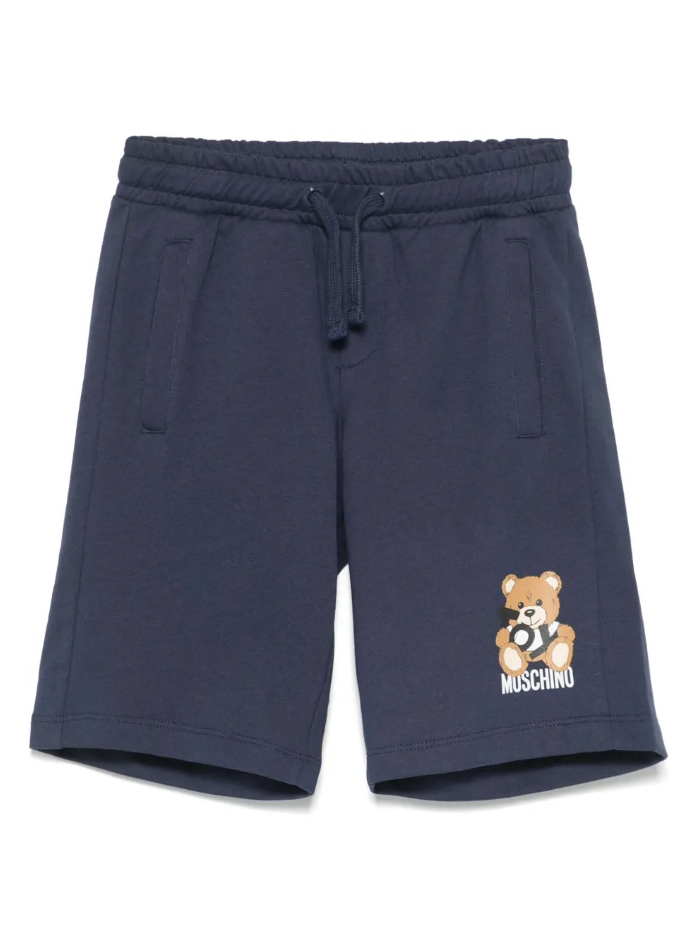 Shorts con stampa Leo Teddy per bambino Moschino Kids blu con vita elasticizzata