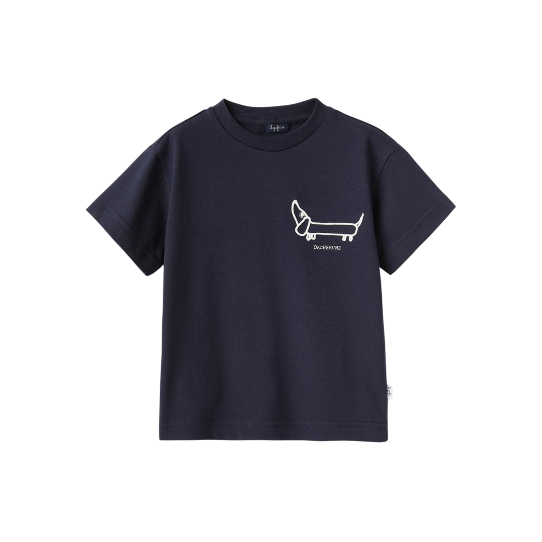 T-shirt blu con ricamo bassotto bianco latte