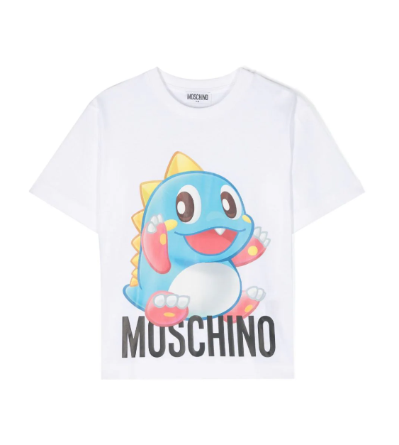T-shirt bianco  per bambini con draghetto Puzzle Bobble e logo HYM03R LAA02 10101 MOSCHINO 