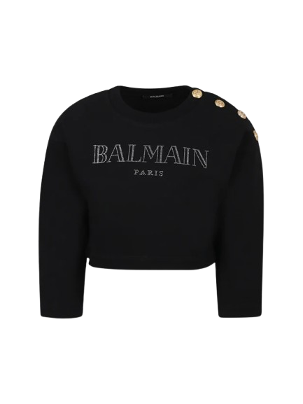 Felpa nera cropped per bambina con logo in strass